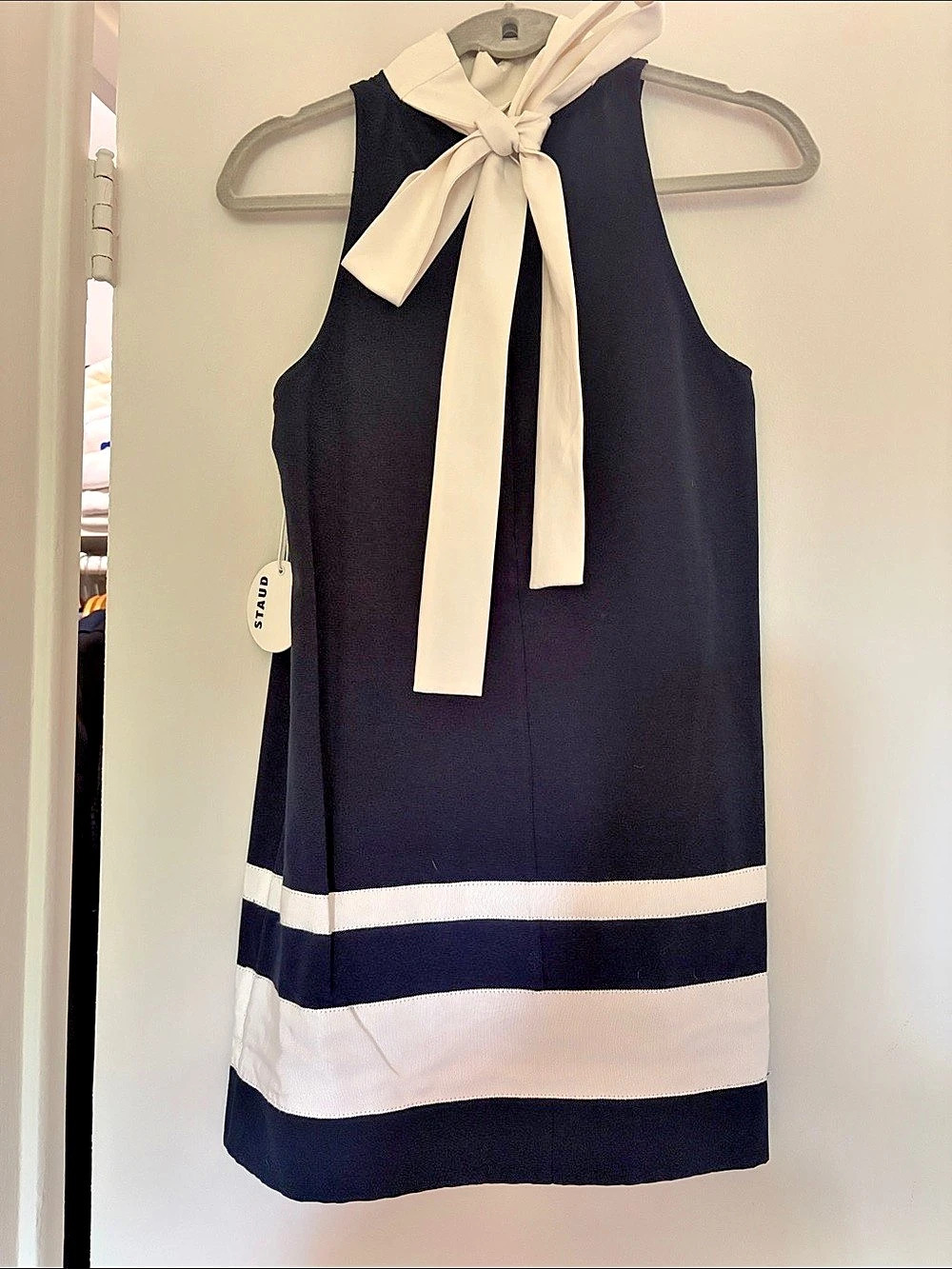 STAUD Finn Dress Navy & White Striped Mini Dress